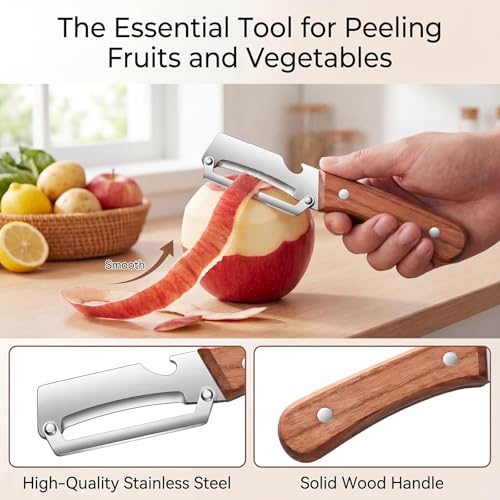 Image of Kitchen Peeler with Bottle Opener - Ergonomic Non-Slip Wooden Handle, Sharp Stainless Steel Blade, 2 in 1 Smooth Glide Vegetable and Fruit Peeler for Home, Camping & Gift Giving