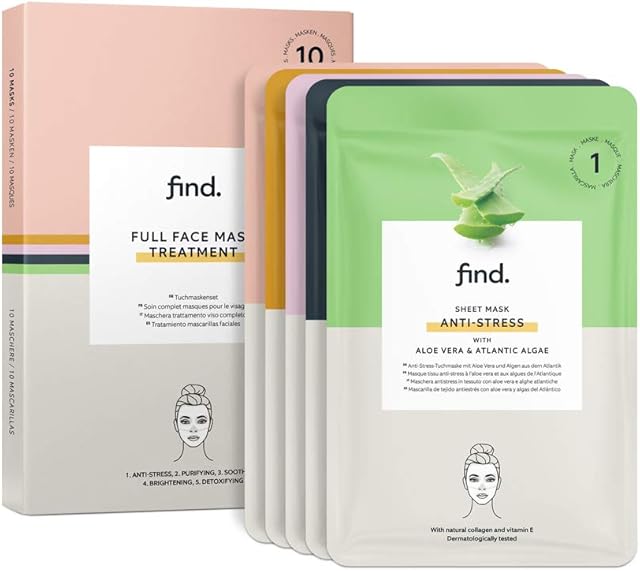 Amazon Brand - FIND - Hydrogel non-drip sheet mask face treatment set - 10 pack (2 x Antistress, 2 x purifying, 2 x soothing, 2 x brightening, 2 x detox)