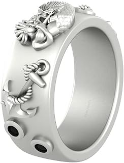0.12TCW Black Onyx Nautical Anchor and Mermaid Wedding Band Solid 925 Sterling Silver Mermaid Jewelry