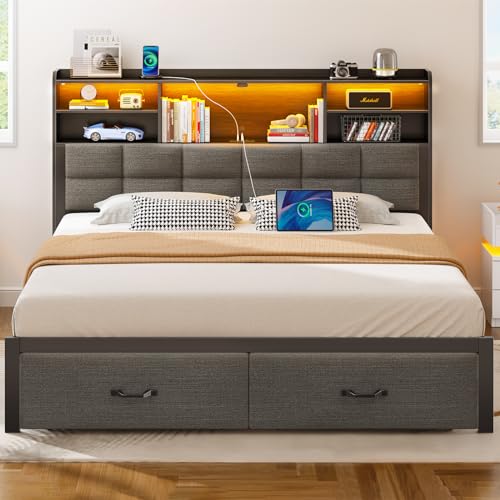 image for Rolanstar Bed Frame Queen Size with Drawers and Charging Station, Upho