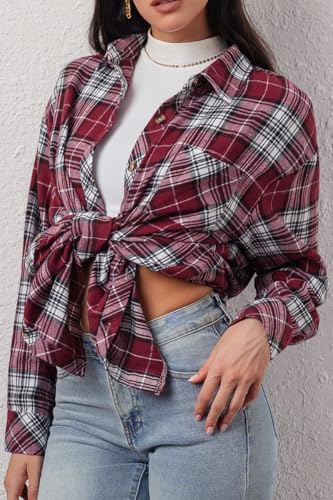 Image of CHYRII Womens Button Down Flannel Shirts Long Sleeve Plaid Shackets Business Casual Blouse Top