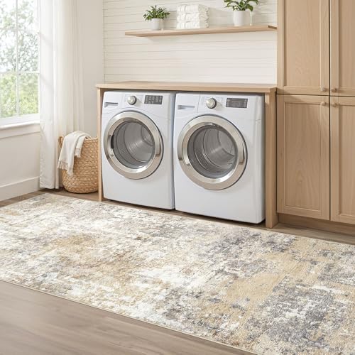 Runner Rug Kitchen Washable Rugs: 3x8 Non-Slip Abstract Soft Modern Stain Resistant Indoor Floor Neutral Accent Throw Carpet for Hallway Bathroom Laundry Room Entryway Bedroom- Gray Gold