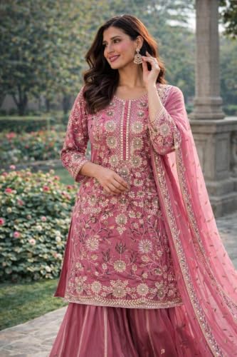 Image of Anveri Women's Pink Embroidered Kurta with Sharara and Dupatta Set | wedding | party | festival