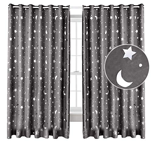 Silver Stars Blackout Curtains for Bedroom , Grommet Thermal Insulated Room Darkening Printed Kids Curtains,W38 X L45 inches Grey