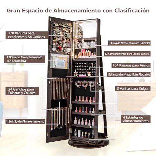Miniatura 5 de Costway Armario Giratorio 360 Para Joyas Con Espejo Y Luces Led De 3 Colores Bloqueable, Armario Espejo De Joyas Con Estantes De Almacenamiento, Interior Marrón Oscuro