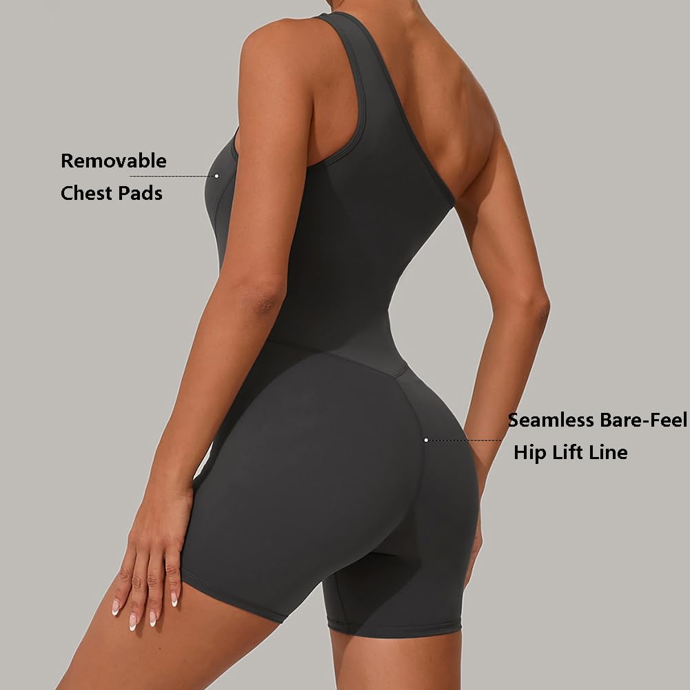 Damski Kombinezon Sportowy Na Jedno Ramię Yoga Push Up Krótki Strój Fitness z Wyjmowanymi Wkładkami(M, Carbon Gray)