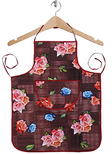 Image of Kuber Industries Apron|PVC Unique Rose & Check Print Kitchen Chef Cloth|Waterproof Centre Pocket Apron With Tying Cord for Men & Women,Pack of 2 (Maroon & Gray)