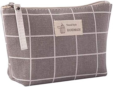 Bolsa de maquillaje grande, de lona, monedero, organizador, bolsa de cosméticos, multifuncional, hecha a mano, bolsa de tela para mujeres, diseño de cuadrícula en color gris