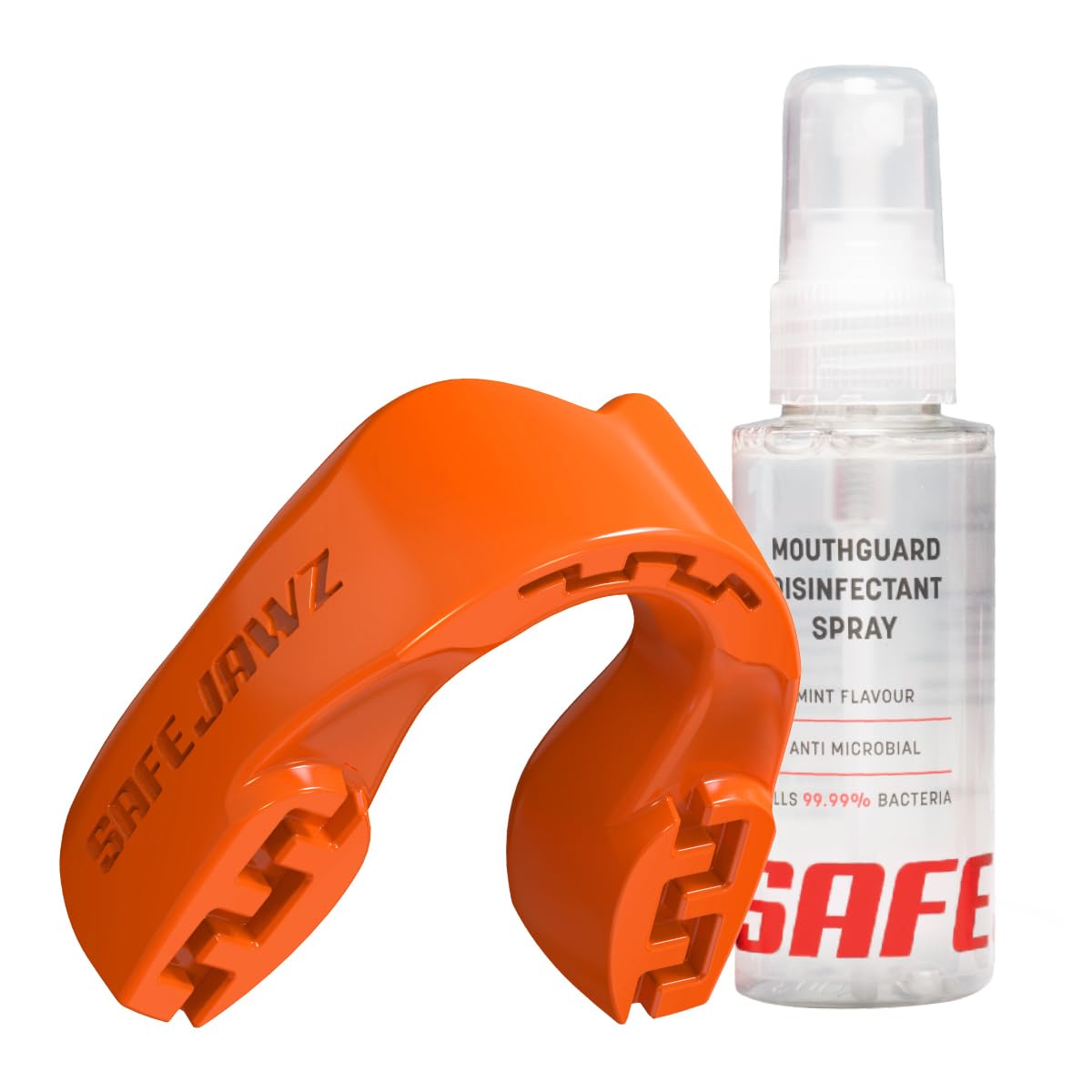 SAFEJAWZ Sports Mouthguard/Gum Shield, Case and Cleaner Spray 50ml Bundle for Rugby, Boxing, Martial Arts, Lacrosse and All Contact Sports - Adults and Junior (Orange, Junior (<11))