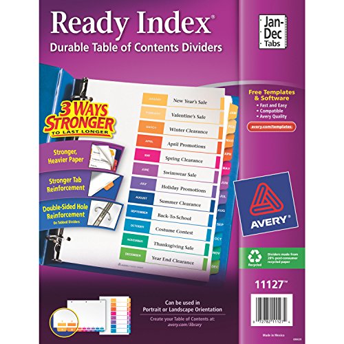Avery Jan-Dec Tab Dividers for 3 Ring Binders, Customizable Table of Contents, Multicolor Tabs, 24 Sets(11127)