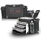 Meal Prep Insulated Lunch Bag - Isobag 6 Meal Thin Red Line - 4 Fully Insulated Compartment Meal Management System - Includes 12 Reusable BPA-free Iso Containers, 3 Ice Packs & Padded Shoulder Strap