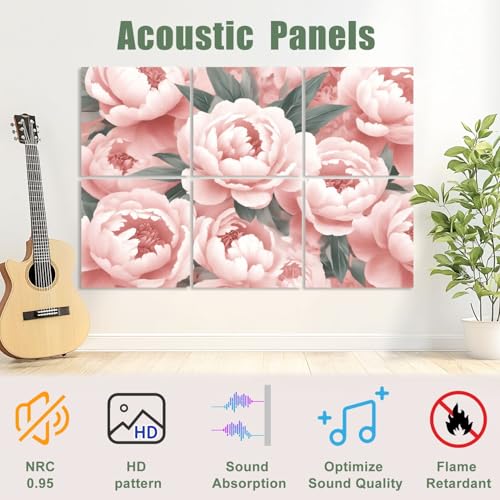 6 Pack Paneles acústicos decorativos rosa con flores peonía, paleta suave verde. Paneles autoadhesivos para absorbción de sonido en estudios y oficinas 72"x48" miniatura 3
