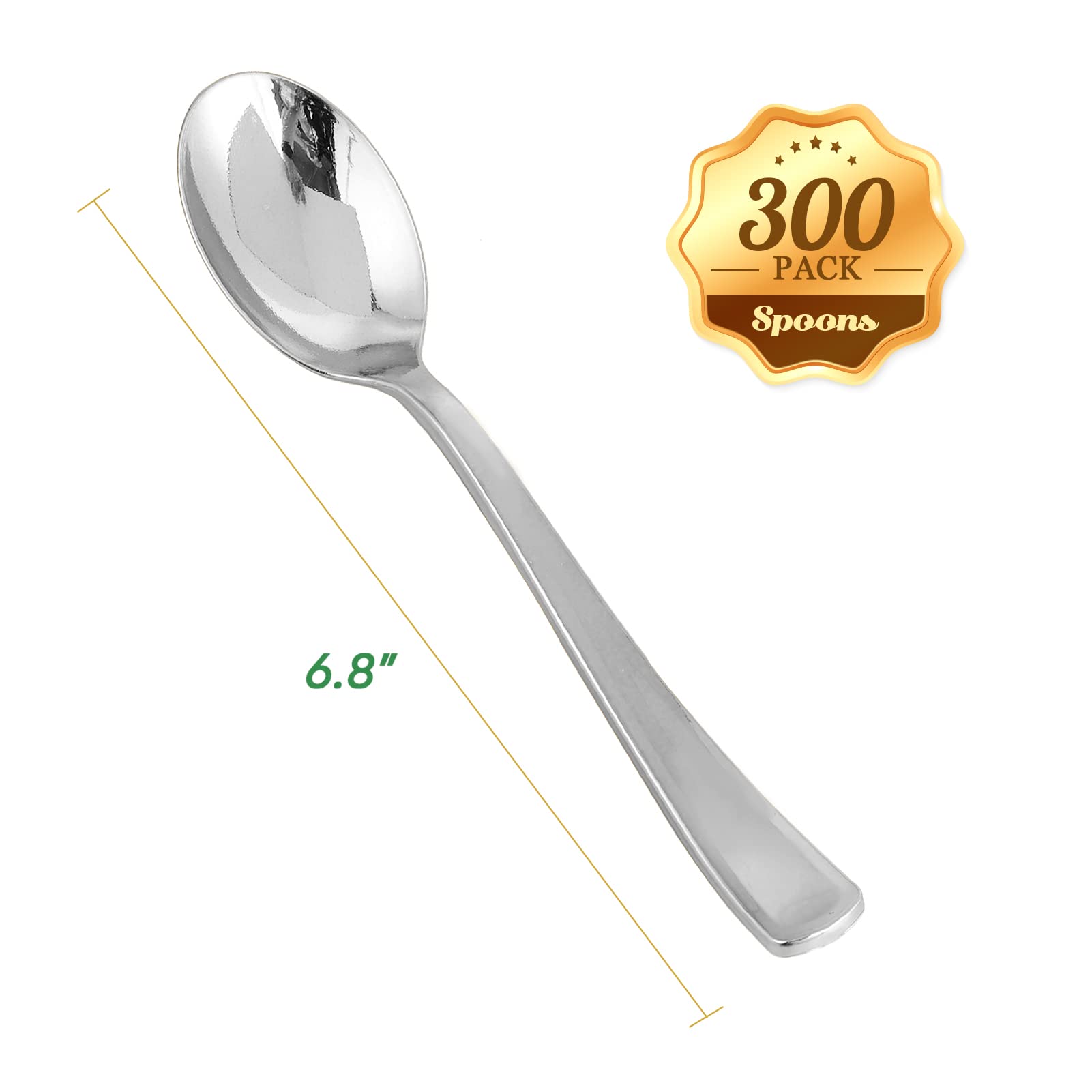 Paquete de 300 cucharas desechables de plástico plateado de 6.8 pulgadas, cucharas de plástico sólido y duradero, cubiertos desechables resistentes para catering, fiestas, cenas, bodas 2
