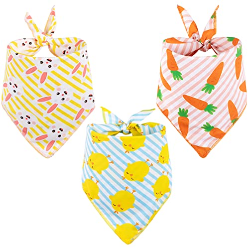 Whaline 3Pcs Easter Dog Bandanas Spring Carrot Chick Bunny Rabbit Pattern Dog Scarf Reversible Stripes Triangle Pet Bibs Adjustable Washable Pet Neckerchief for Medium Large Dog Cat Accessories
