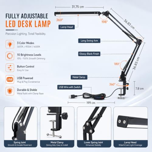 Image of One94Store Overhead LED Desk Lamp with Clamp | 360 Adjustable Swing Arm Table Light, 3 Color Modes & 10 Brightness Levels, Eye-Caring Reading Lamp with Memory Function for Study, Office & Home, Black