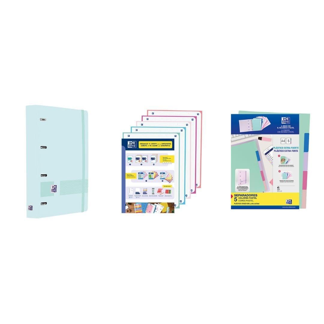 Oxford, Live & Go A4+ 4 Ring Binder Pack, Polyfoam Plastic, Includes Refill with 5 Strips 5 x 5 Grids and Plastic Dividers, Pastel Blue