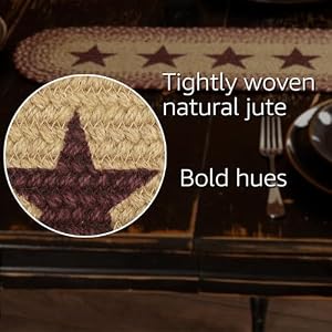VHC Brands Classic Country Primitive Tabletop & Kitchen - Burgundy Tan Jute Red Stencil Stars Runner Set of 2 x 24" VHC Brands Classic Country Primitive Tabletop Kitchen Burgundy Tan Jute Red Stencil Stars Runner Set of 2 x 24