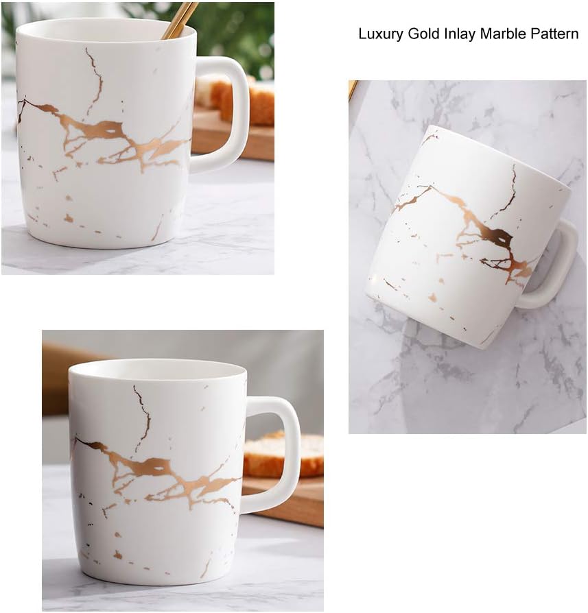 12 oz Matte Ceramic Marble Tea Coffee Mugs Luxury Gold Inlay (White, 4 Mugs Gold Marble)