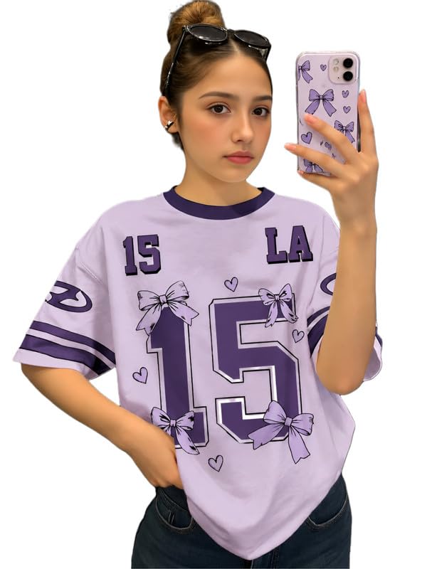Image of KSHS Cotton Oversized T-Shirt for Women, Printed Loose Fit Womens Tshirt, Soft Cotton Fabric, Round Neck Half Sleeve Casual Top, Aesthetic Drop Shoulder Style Tee