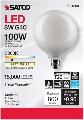 Miniatura 4 de Satco 6Pk 8w G40 Globo Filamento LED 3000K E26 Base Blanco Regulable - 100W Equiv