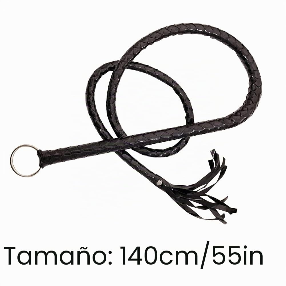 Látigo de equitación de cuero sintético con mango tejido, accesorio de disfraz de Halloween (negro)