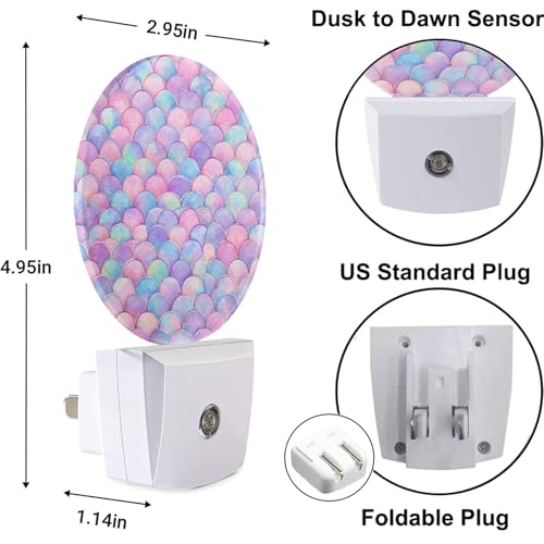 Image of Pink Mermaid Fish Scales Night Lights Plug into Wall Dusk to Dawn LED Lighting Auto Sensor 0.5W for Bedroom Bathroom Hallway Living Room