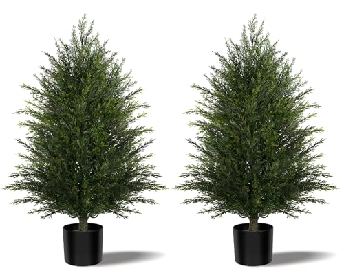 Mavis's Diary Artificial Topiary Ball Tree, Indoor Realistic Faux Boxwood Bush Potted Plants, Outdoor Fake Shrubs Cedar Evergreen Plants for Home Living Room Front Porch Decor (2, 3ft)