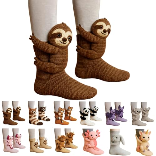 3D Stricksocken mit Tieren - Huggy Socken Damen Lustige Tiersocken Kuschelsocken Tier Knit Animal Socks Handgehäkelte Doppellagige Baumwolle Warme Gestrickte Huggysocken Weihnachtssocken Wintersocken