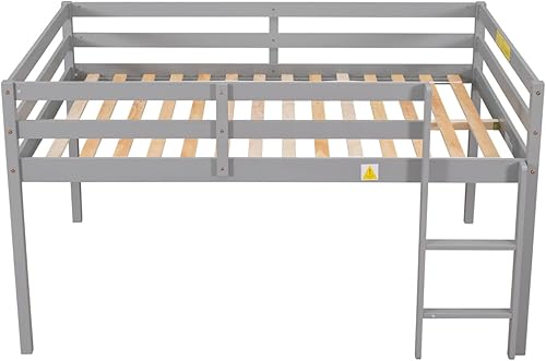 Miniatura 5 de Cama alta de tamaño matrimonial para niños y niñas, cama alta de madera con barandilla de seguridad y escalera, marco de cama baja, no necesita