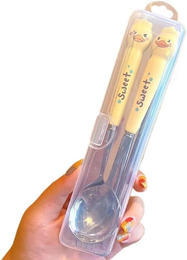 Silverware Flatware Set, 3/12/18/24 Pieces Cartoon Little Yellow Duck Ceramic Spoons Dessert Spoons Portable Chopsticks Stainless Steel Spoons Portable Chopsticks Spoons Set(12 Pieces for 4