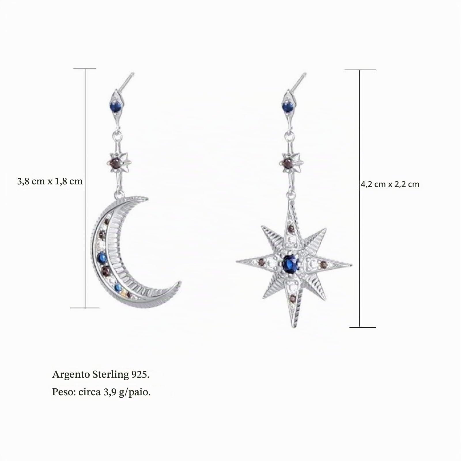 Orecchini Zirconi Cubici in Argento Sterling 925 per Donna, Orecchini Pendenti a Forma di Stella della Luna e del Sole Asimmetrici