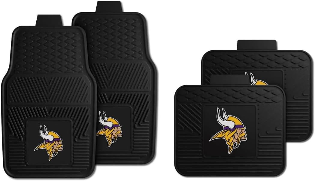 Fanmats Minnesota Vikings Set of 4 Car Mats for Cars, SUV, Pickups - All Weather Technology Protection, Deep Reservoir Design, Universal Fit - 3D NFL Team Logo - 29”x17” Front - 14”x17” Rear Mat