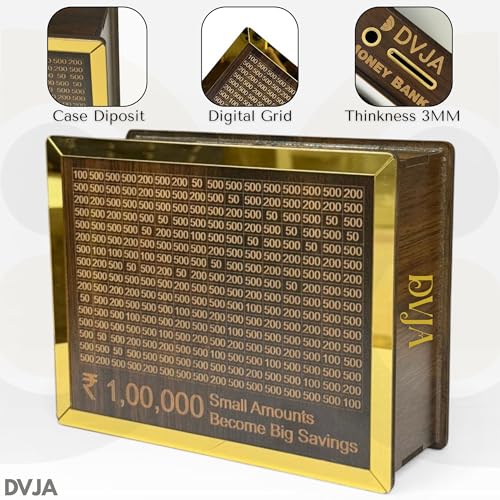 Image of Money Bank Wooden Piggy Bank for Kids & Adults, Coin Box with Carved Design, Savings Box, Mini Bank, Wooden Coin Box, Money Saver, Piggy Bank with Numbers (Golden LINE)