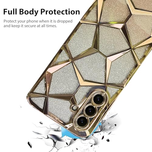 Image of VONZEE Gradient Glitter Case for Samsung A36, Luxury Electroplated 3D Cube, Diamond Bling Shiny Soft TPU Clear Shockproof Women Girls Protective Phone Cover (Gold)