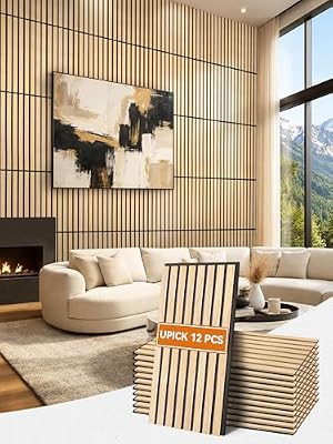 Upick Acoustic Wood Slat Wall Panels 24" x 12" Oak for Interior Decor - Sound Absorbing Accent Wall, Easy DIY Install, 12 Pack