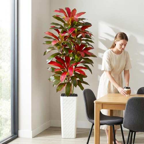 Image of Artificial Red Dracaena Tree Indoor, 7FT Tall Fake Floor Plants with White Planter & Pebbles, Faux Silk Yucca Tree for Home Office Living Room Bedroom Farmhouse Modern Outdoor Topiary Tree