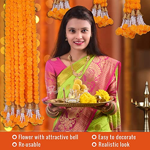 HOME BUY Artificial Orange Flowers For Decoration Garland With Bell For Diwali & Festivals Christmas, Navratri, Holi,Janmashtami | 5 Feet Long 5 Pcs With 1 Diya (Orange), 5 Centimeters
