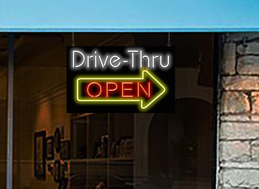 Miniatura 2 de Letrero de neón abierto con flecha derecha, 32 pulgadas de ancho x 20 pulgadas de alto, neón doblado a mano real, de calidad, letras blancas y rojas