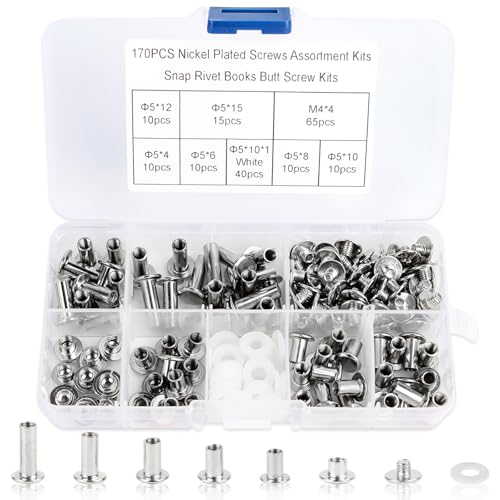 170pcs Chicago Schrauben Verschiedene,Rostfreier Stahl Kreuzschraube Nieten,M5 x 4mm, 6mm, 8mm, 10mm, 12mm,15 mm,Chicago Nieten und 4x4mm Flachkopf Stud Schraube,für DIY Lederdekoration Buchbinderei