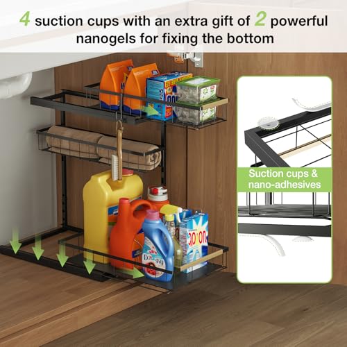 Fantasnight Kitchen Under Sink Storage Organiser - 1 Pack Metal Undersink Organisation for Cupboard - 3 Tier Pull Out Cabinet Drawers Black - Sliding Cleaning Shelf Organizer Solutions for Bathroom - Image 4