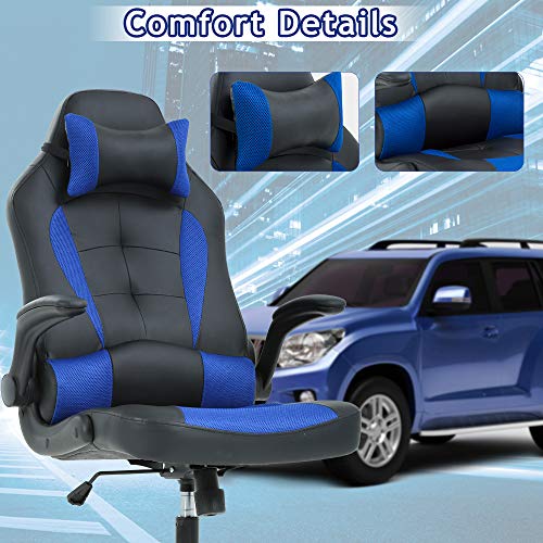Gaming Chair Office Chair Desk Chair Ergonomic High Back Computer Chair With Lumbar Support Flip-Up Arms Headrest Pu Leather Height Adjustable Swivel Task Executive Chair For Women Men Adult, Blue #TOP3