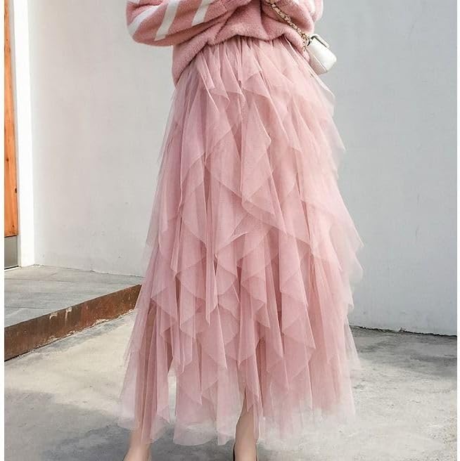 Womens Tulle Skirt A Line Midi Ruffle Mesh High Waisted Formal Fairy Flowy Tiered Skirts - Image 4
