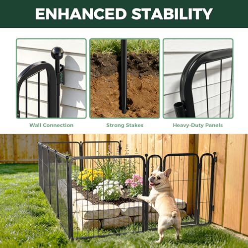 Image of FXW Garden Fence Outdoor for the Yard - 24in(H) x 15.2ft(L) Heavy Duty Metal Animal Barrier for Dog, No Dig Decorative Dog Fence with Fence-to-Wall Anchor (Pack of 4), 8 Panels, Black