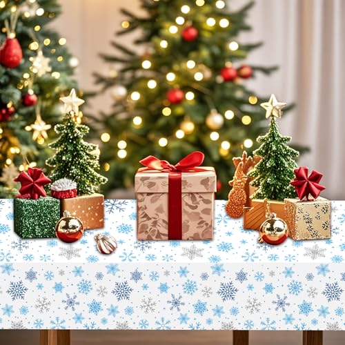 Image of Gistome 3-Piece 54 x 108 Inch Snowflake Plastic Tablecloth - Blue and White Christmas Holiday Disposable Table Cover for Winter Parties, Xmas Dinners, and Indoor Outdoor Decorations