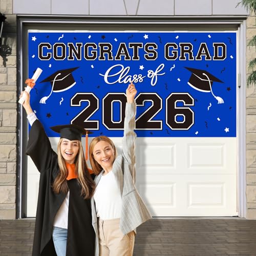 Image of Graduation Party Decorations 2026 Plastic Backdrop - 65 inch x 32.7 inch Congrats Grad Banner in Blue, Large Class of 2026 Decorations, Photography & Grad Party Supplies