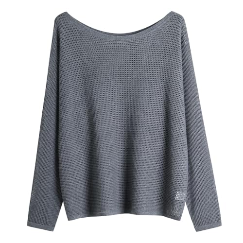 GABERLY Open Knit Boat Neck Batwing Sleeves Dolman Knitted Sweaters and Pullovers Tops for Women(One Size, Dark Gray)