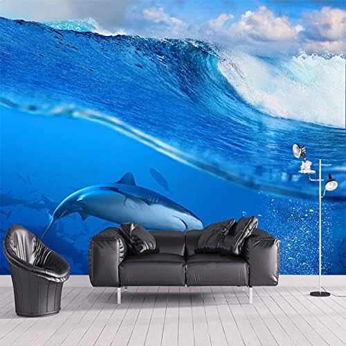 Blue Ocean Waves Wall Mural, 3D Great White Shark Peel and Stick Self-Adhesive Wallpaper, Removable Sticker Home Decor TV Background Large Art Wall Painting 47"x 32"(W x H)