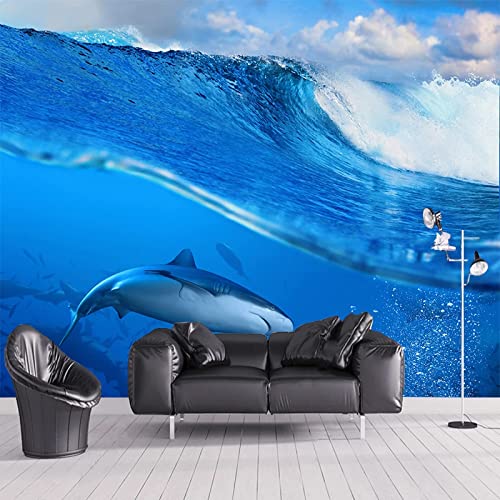 Blue Ocean Waves Wall Mural, 3D Great White Shark Peel And Stick Self-Adhesive Wallpaper, Removable Sticker Home Decor Tv Background Large Art Wall Painting 47"X 32"(W X H) #TOP2