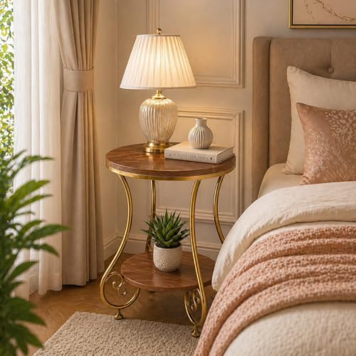 Image of CARTADEN 2 Tier End Table in Living Room, Industrial Style Round Bedside Table with Storage, Small Outdoor Coffee Table for Bedroom Balcony Patio Gold Brown