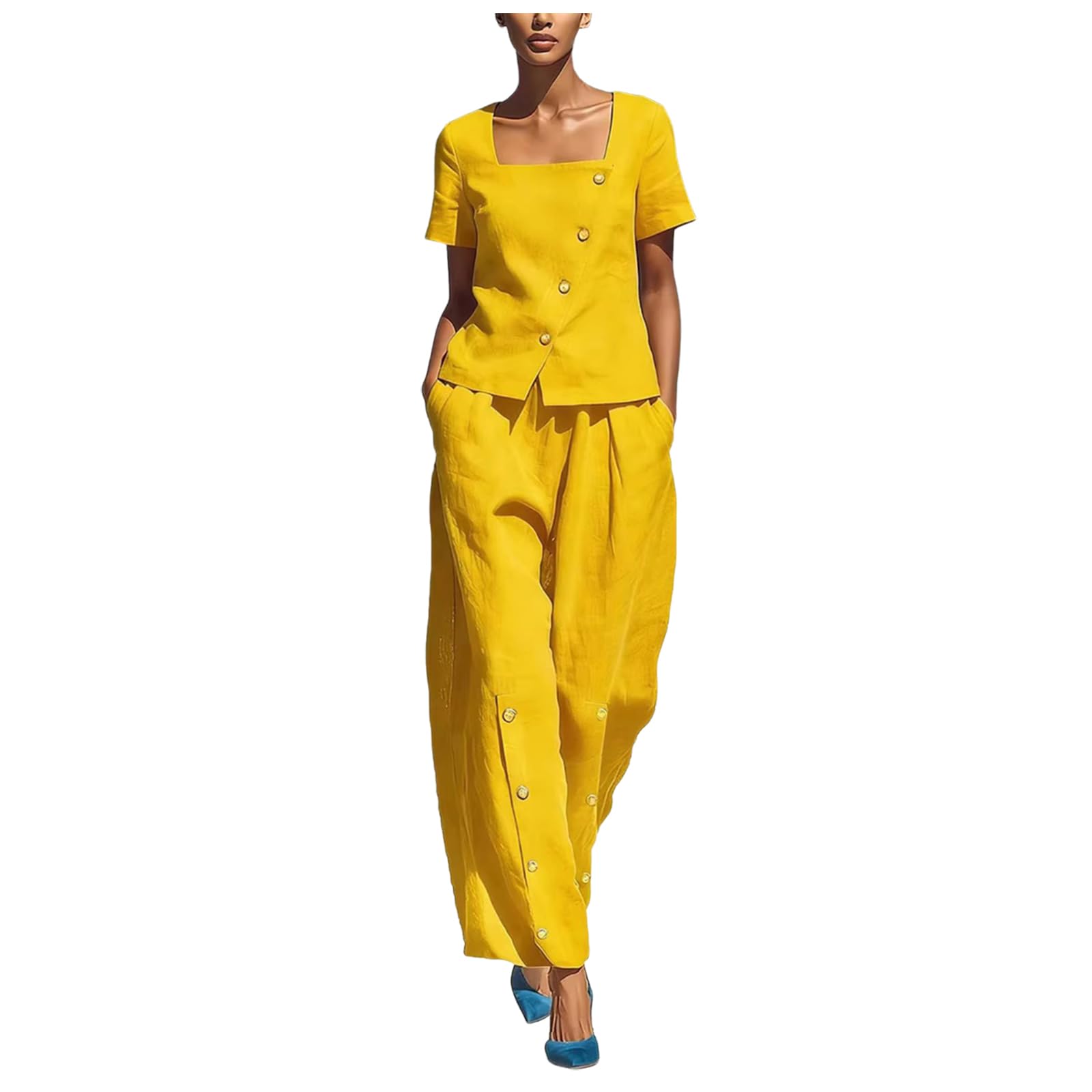 hausanzug damen Lässiges und modisches Damen Set aus kurzem Ärmel, weitem Bein, eckigem Ausschnitt, schräger Vorderseite, seitlicher Knopfleiste und eckiger Hose mit eckigem hosenanzug (Yellow, L)
